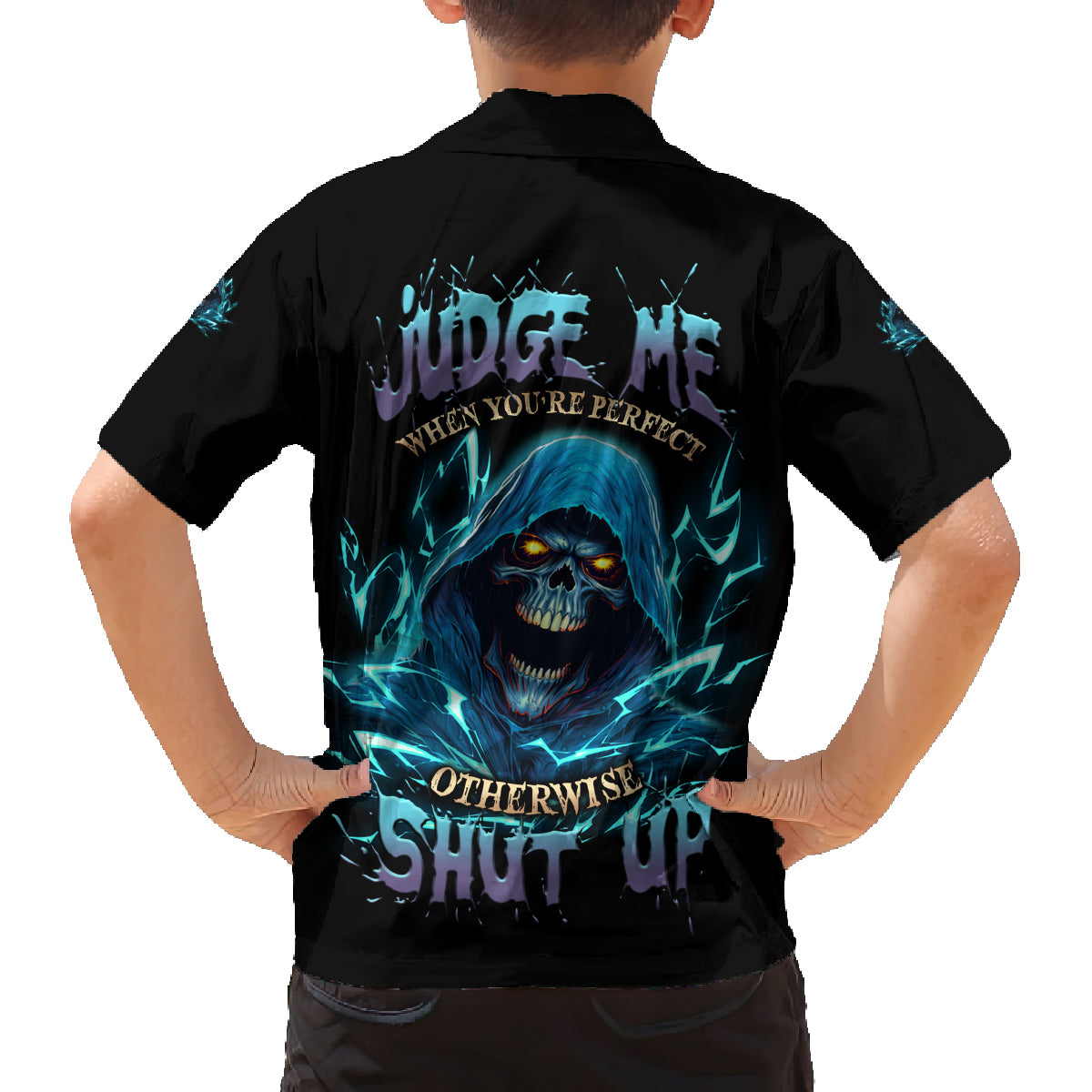 Judge Me When Mad Reaper Skull Family Matching Off Shoulder Long Sleeve Dress and Hawaiian Shirt - Wonder Print Shop