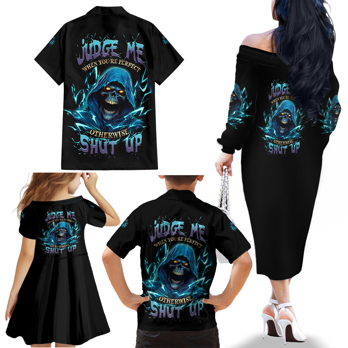 Judge Me When Mad Reaper Skull Family Matching Off Shoulder Long Sleeve Dress and Hawaiian Shirt - Wonder Print Shop