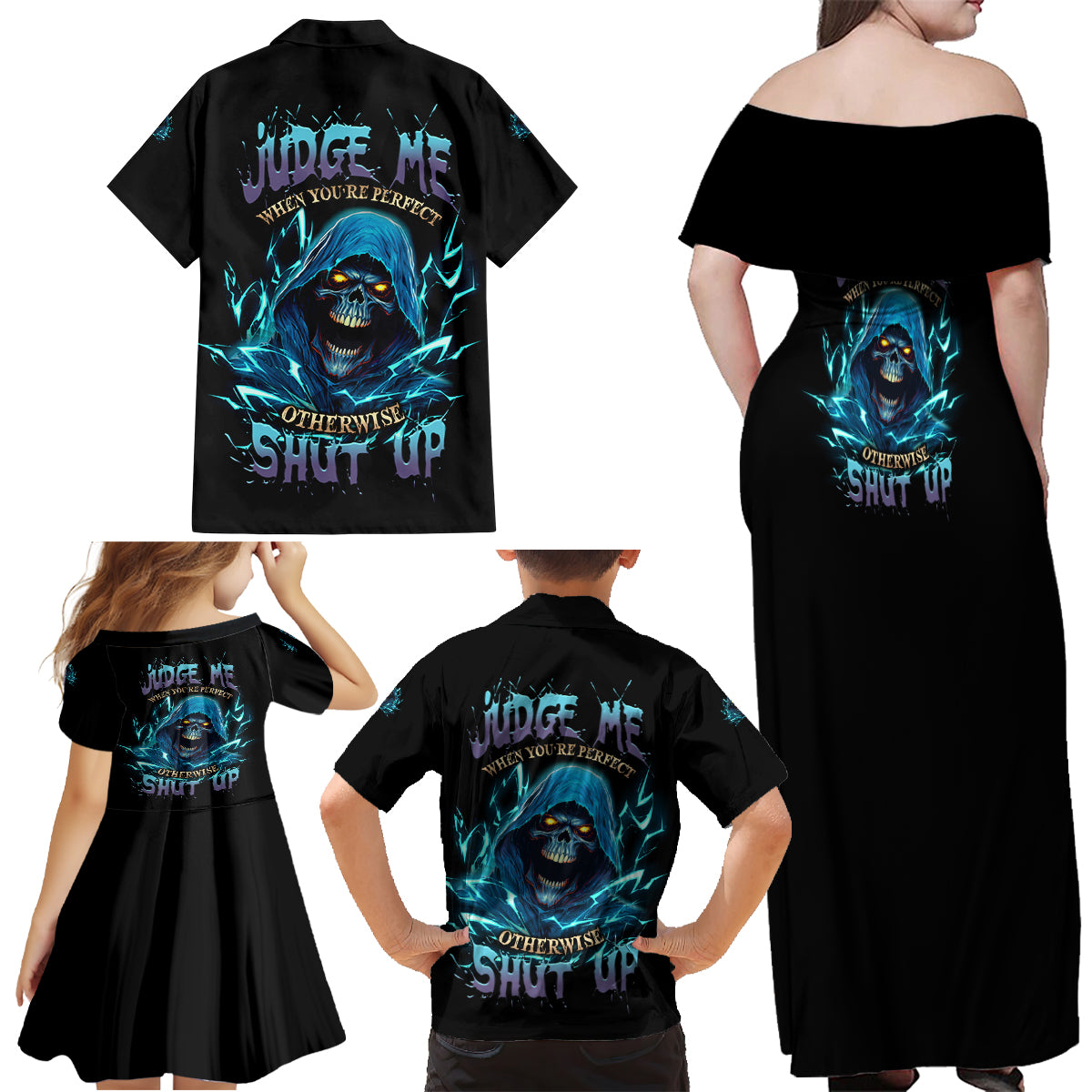 Judge Me When Mad Reaper Skull Family Matching Off Shoulder Maxi Dress and Hawaiian Shirt - Wonder Print Shop