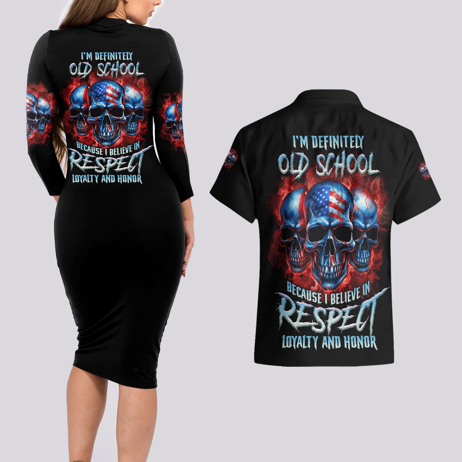 I Believe In Respect 3 Skulls Couples Matching Long Sleeve Bodycon Dress and Hawaiian Shirt - Wonder Print Shop