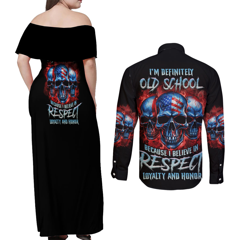 I Believe In Respect 3 Skulls Couples Matching Off Shoulder Maxi Dress and Long Sleeve Button Shirt - Wonder Print Shop