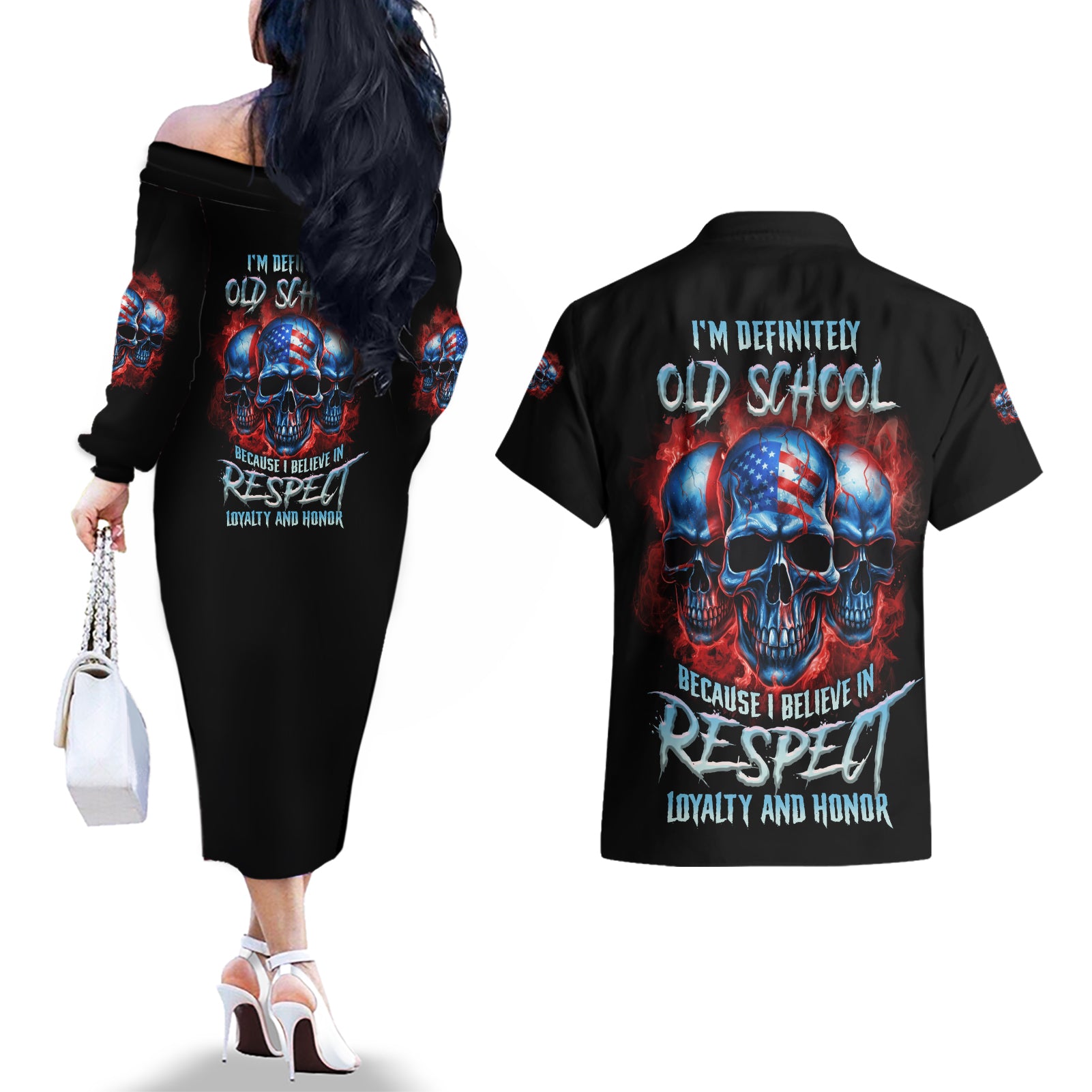 I Believe In Respect 3 Skulls Couples Matching Off The Shoulder Long Sleeve Dress and Hawaiian Shirt - Wonder Print Shop