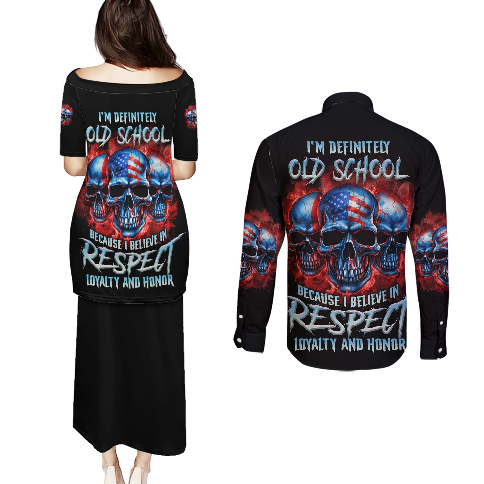 I Believe In Respect 3 Skulls Couples Matching Puletasi Dress and Long Sleeve Button Shirt - Wonder Print Shop