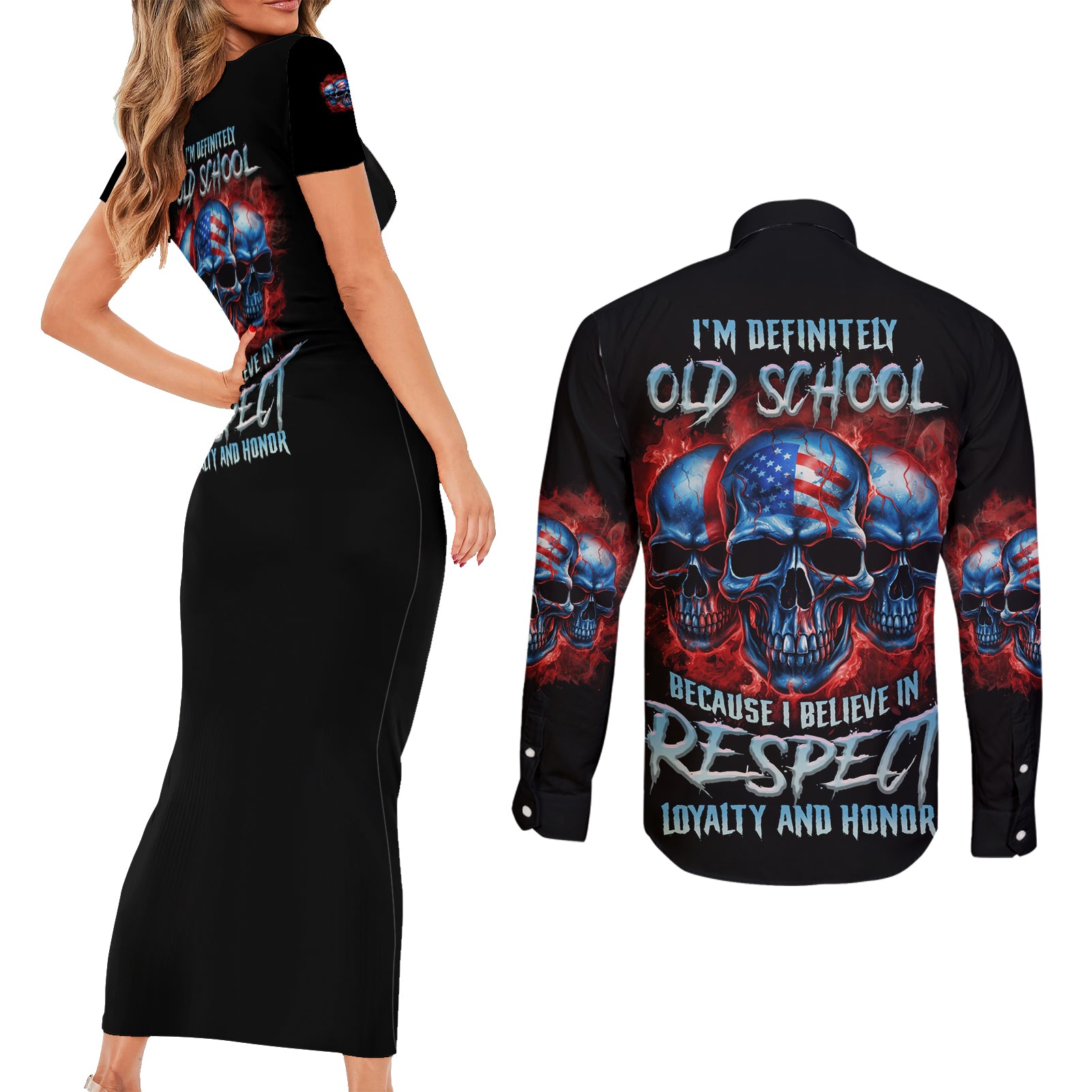 I Believe In Respect 3 Skulls Couples Matching Short Sleeve Bodycon Dress and Long Sleeve Button Shirt - Wonder Print Shop