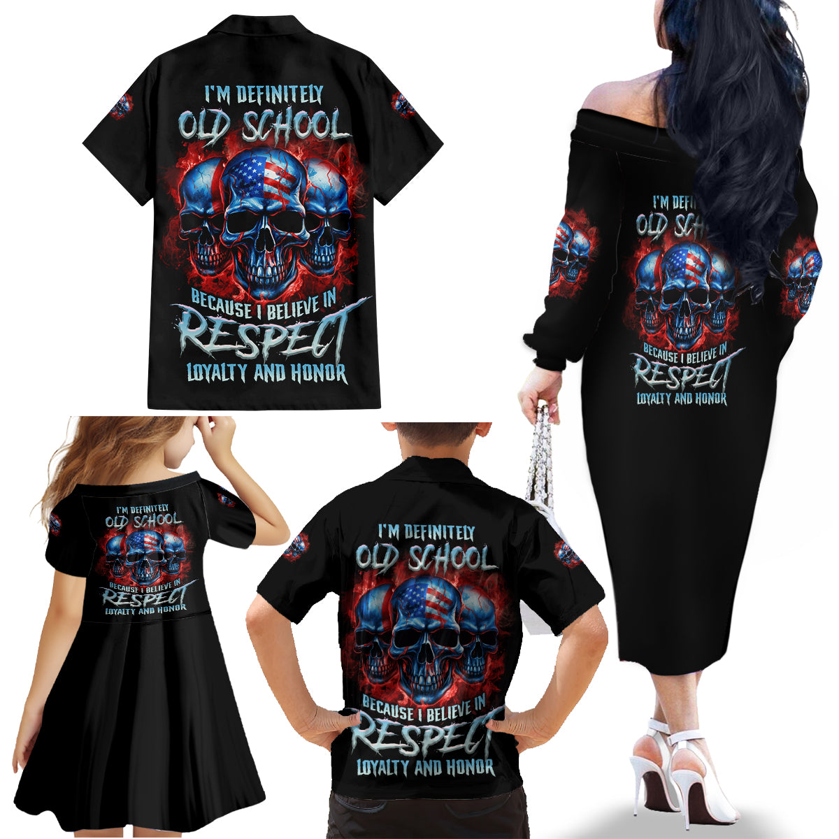 I Believe In Respect 3 Skulls Family Matching Off Shoulder Long Sleeve Dress and Hawaiian Shirt - Wonder Print Shop