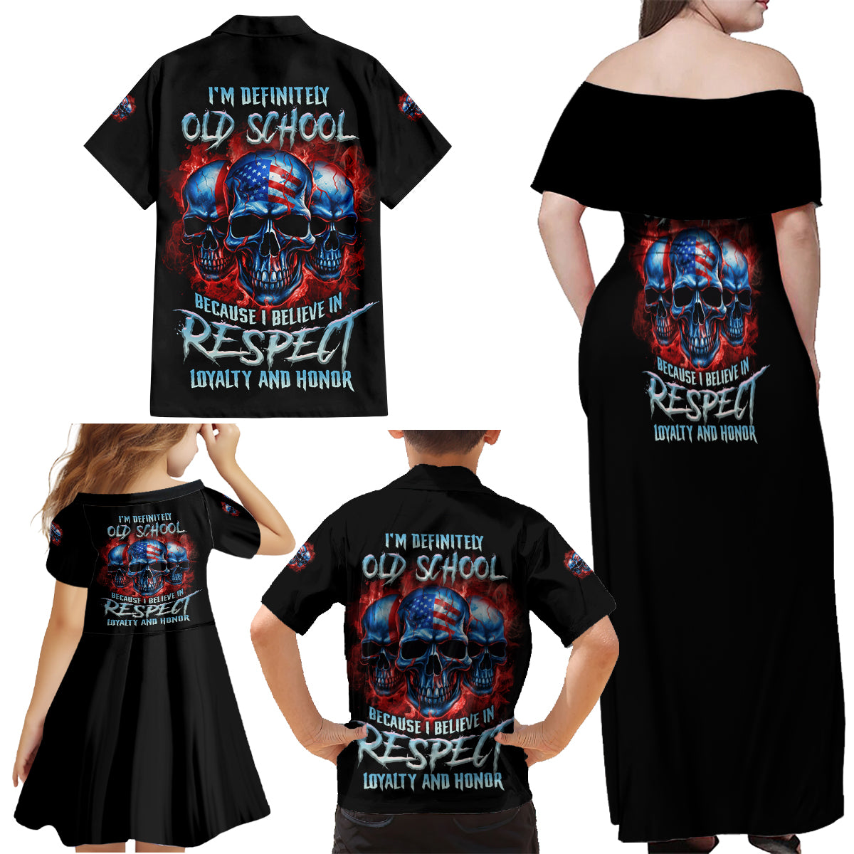 I Believe In Respect 3 Skulls Family Matching Off Shoulder Maxi Dress and Hawaiian Shirt - Wonder Print Shop