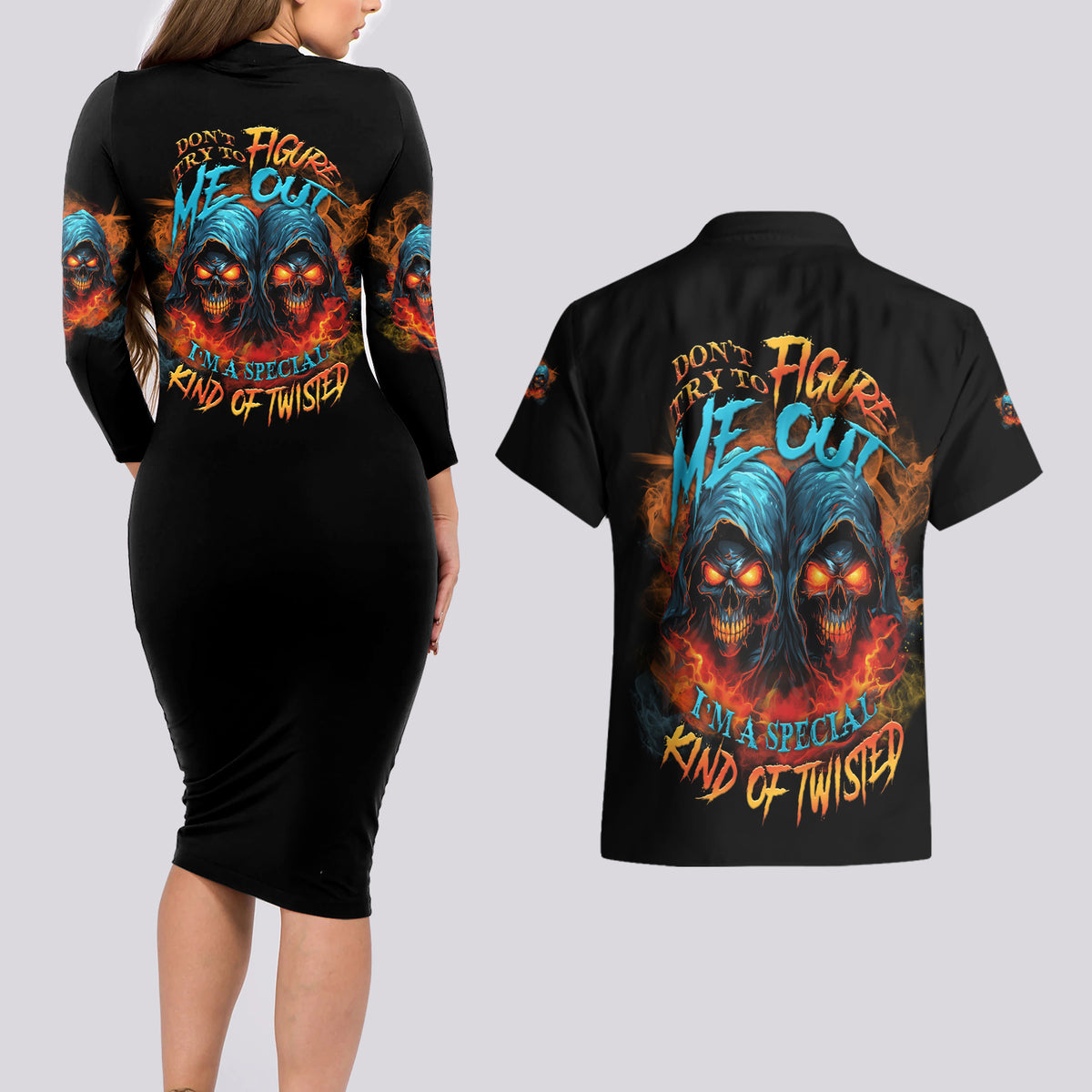 Don't Try To Figure Me Out Skull Reaper Couples Matching Long Sleeve Bodycon Dress and Hawaiian Shirt - Wonder Print Shop