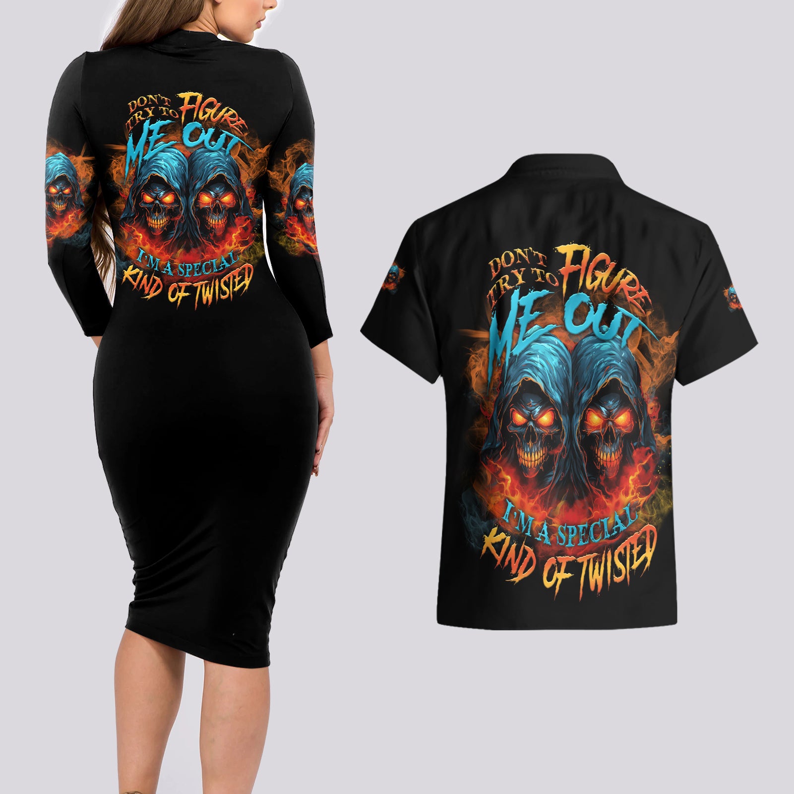 Don't Try To Figure Me Out Skull Reaper Couples Matching Long Sleeve Bodycon Dress and Hawaiian Shirt - Wonder Print Shop