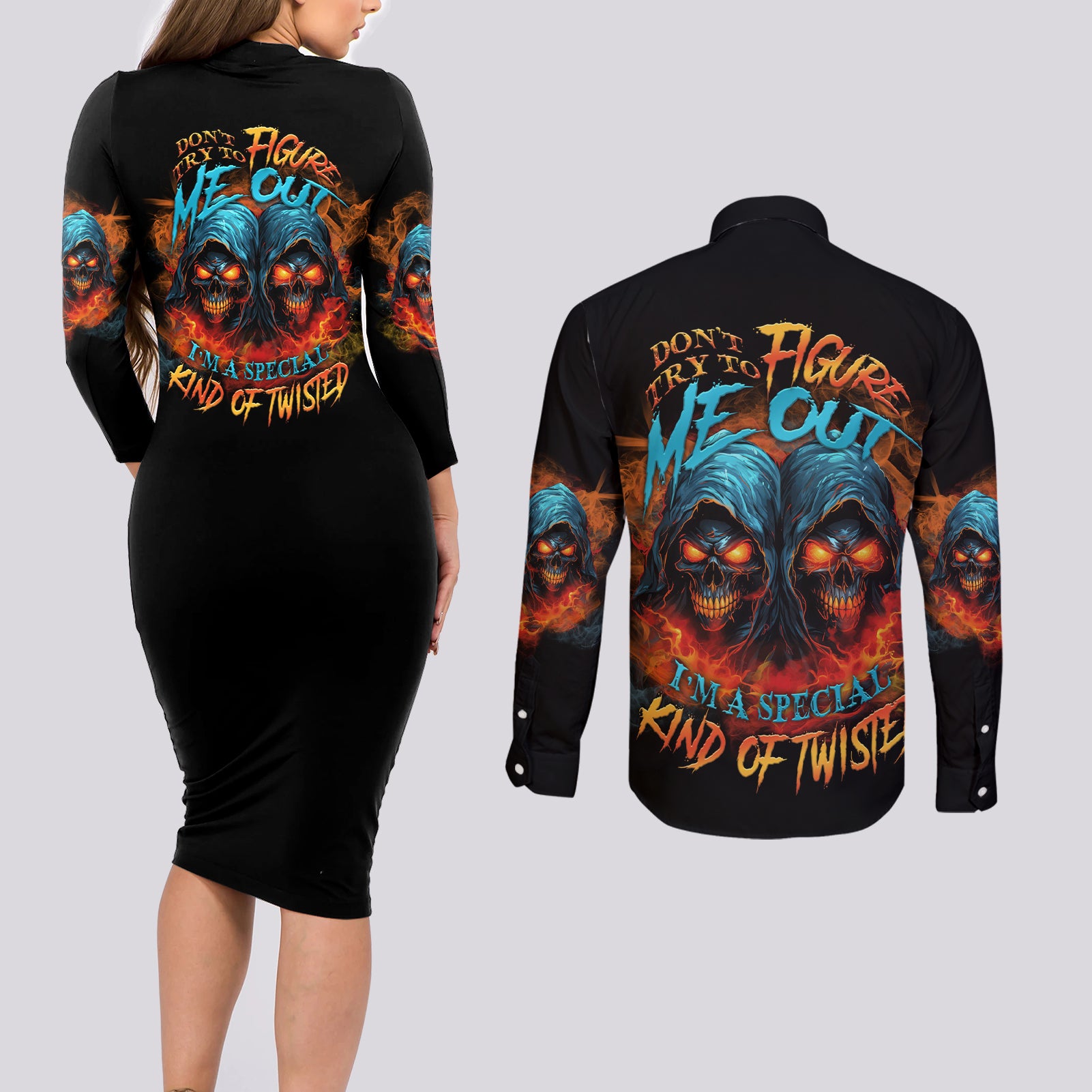 Don't Try To Figure Me Out Skull Reaper Couples Matching Long Sleeve Bodycon Dress and Long Sleeve Button Shirt - Wonder Print Shop