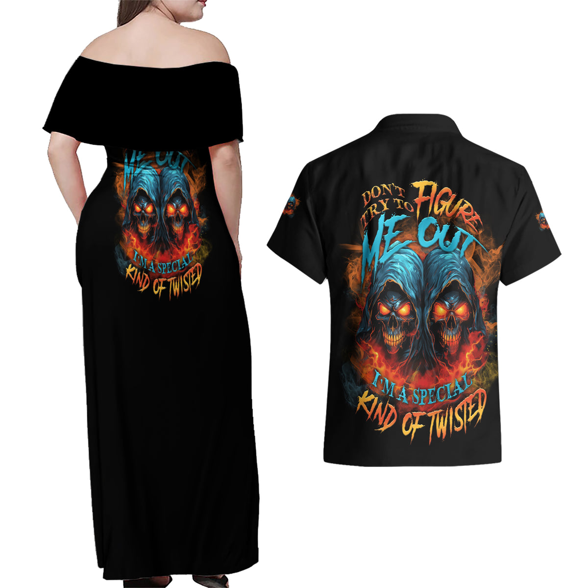 Don't Try To Figure Me Out Skull Reaper Couples Matching Off Shoulder Maxi Dress and Hawaiian Shirt - Wonder Print Shop