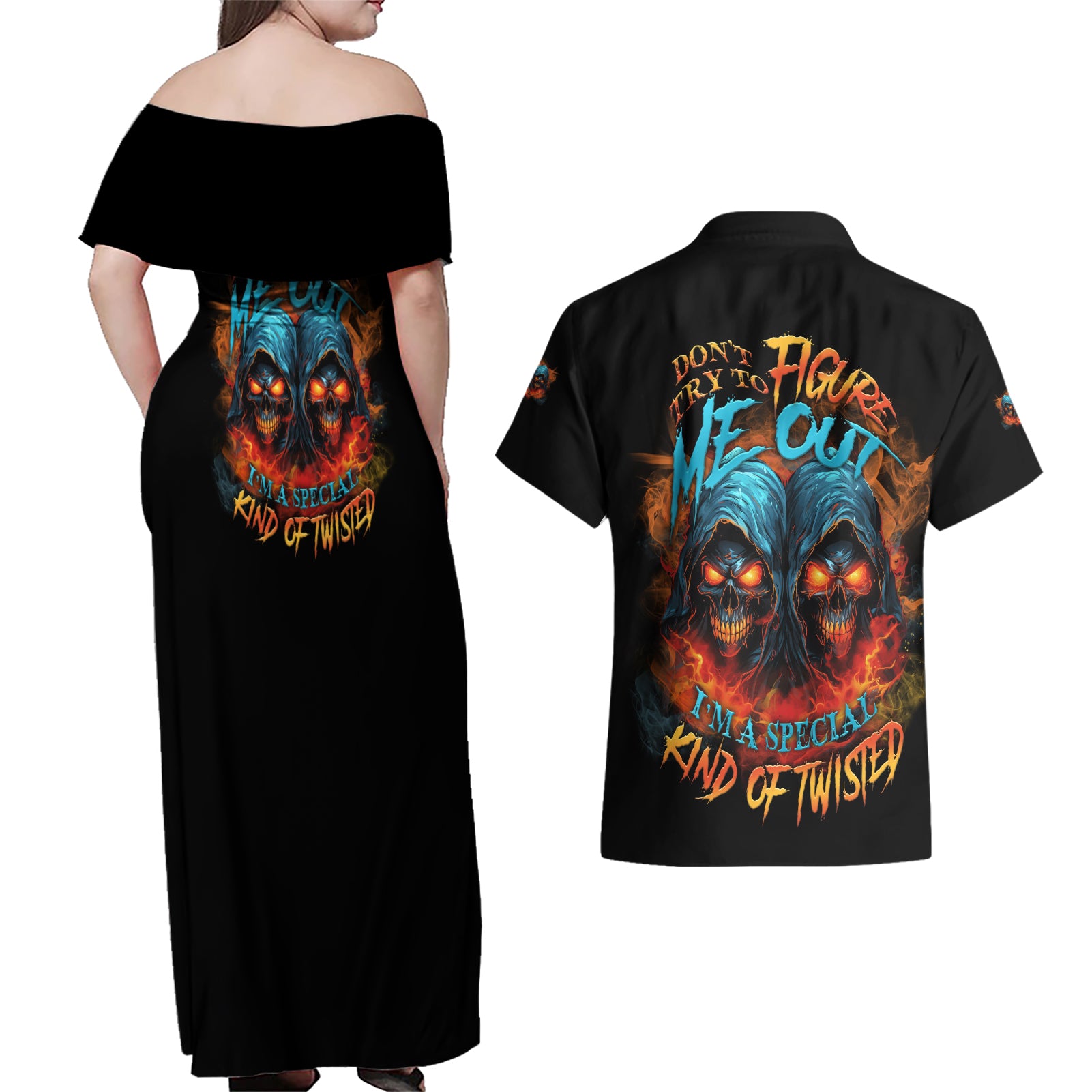 Don't Try To Figure Me Out Skull Reaper Couples Matching Off Shoulder Maxi Dress and Hawaiian Shirt - Wonder Print Shop