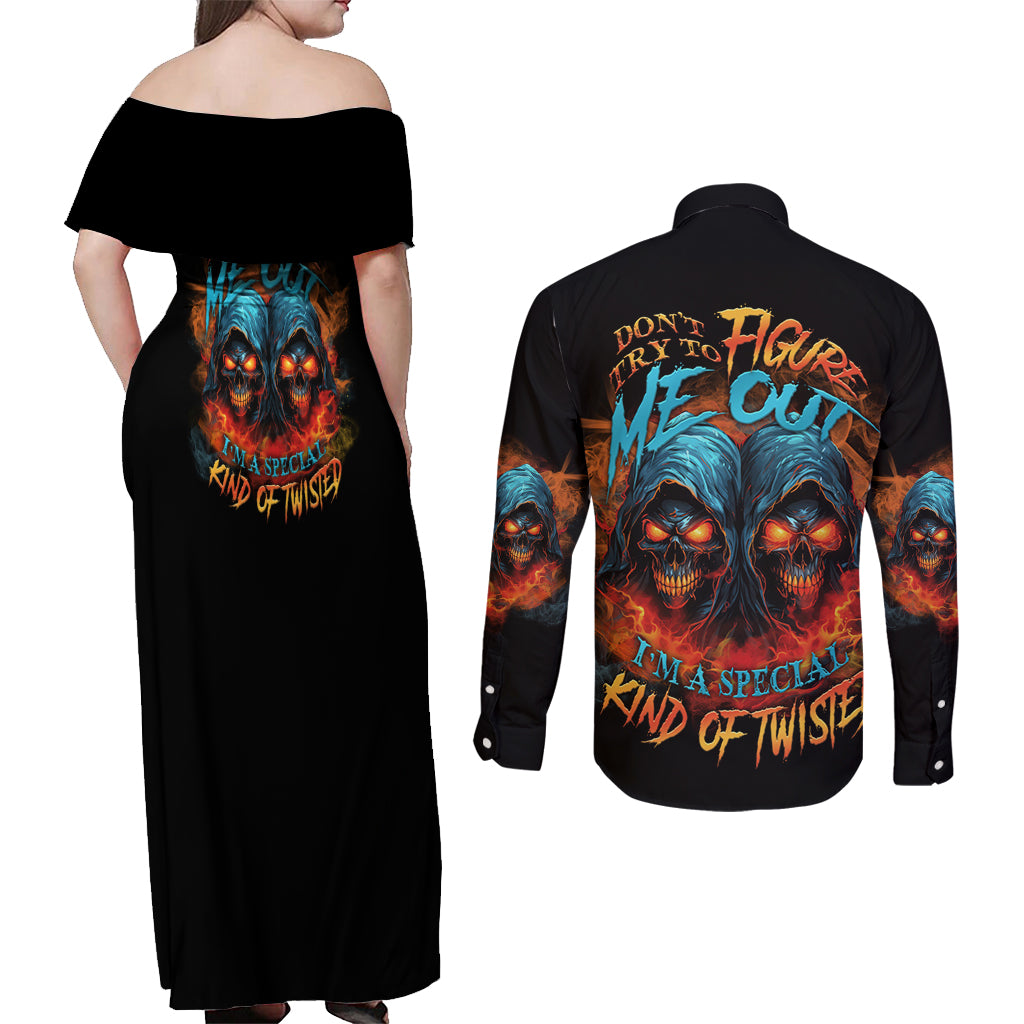 Don't Try To Figure Me Out Skull Reaper Couples Matching Off Shoulder Maxi Dress and Long Sleeve Button Shirt - Wonder Print Shop
