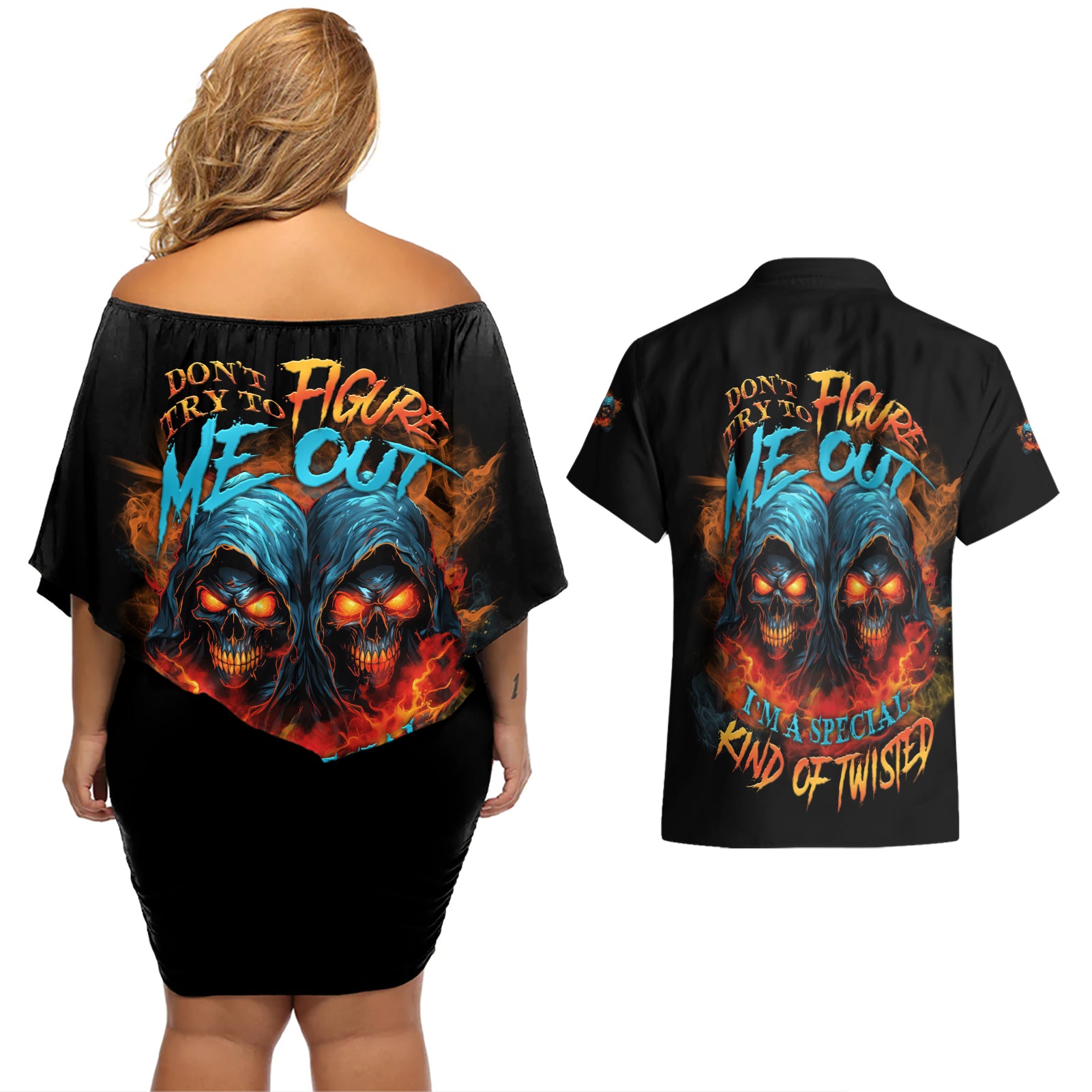 Don't Try To Figure Me Out Skull Reaper Couples Matching Off Shoulder Short Dress and Hawaiian Shirt - Wonder Print Shop