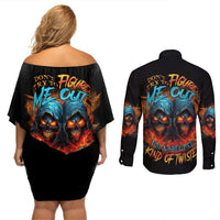 Don't Try To Figure Me Out Skull Reaper Couples Matching Off Shoulder Short Dress and Long Sleeve Button Shirt - Wonder Print Shop