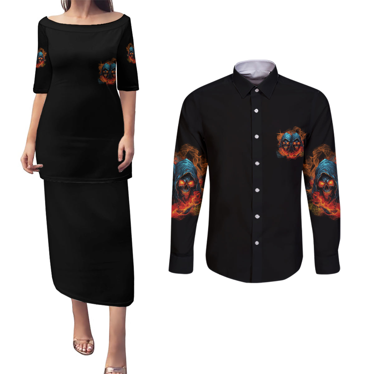 Don't Try To Figure Me Out Skull Reaper Couples Matching Puletasi Dress and Long Sleeve Button Shirt - Wonder Print Shop