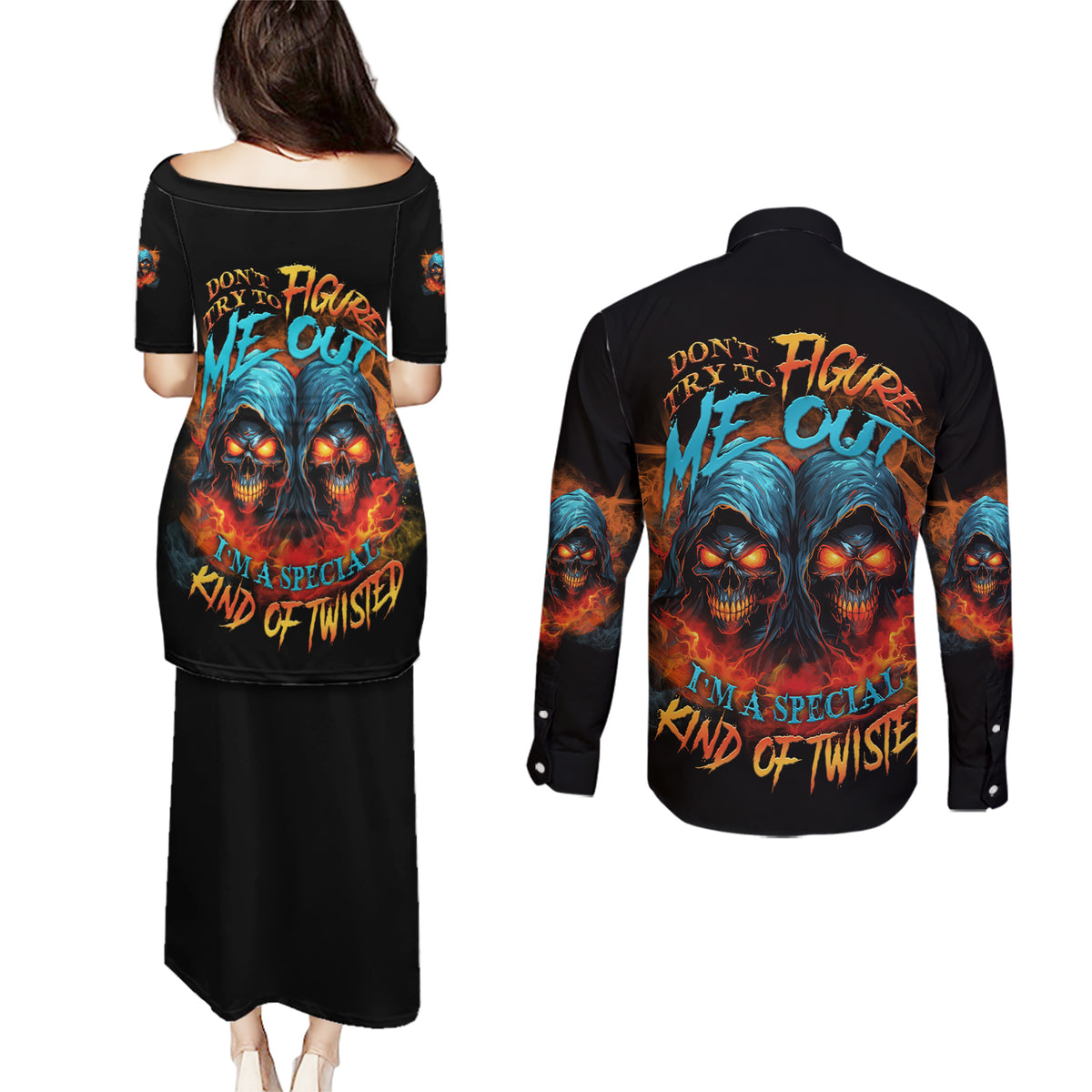 Don't Try To Figure Me Out Skull Reaper Couples Matching Puletasi Dress and Long Sleeve Button Shirt - Wonder Print Shop