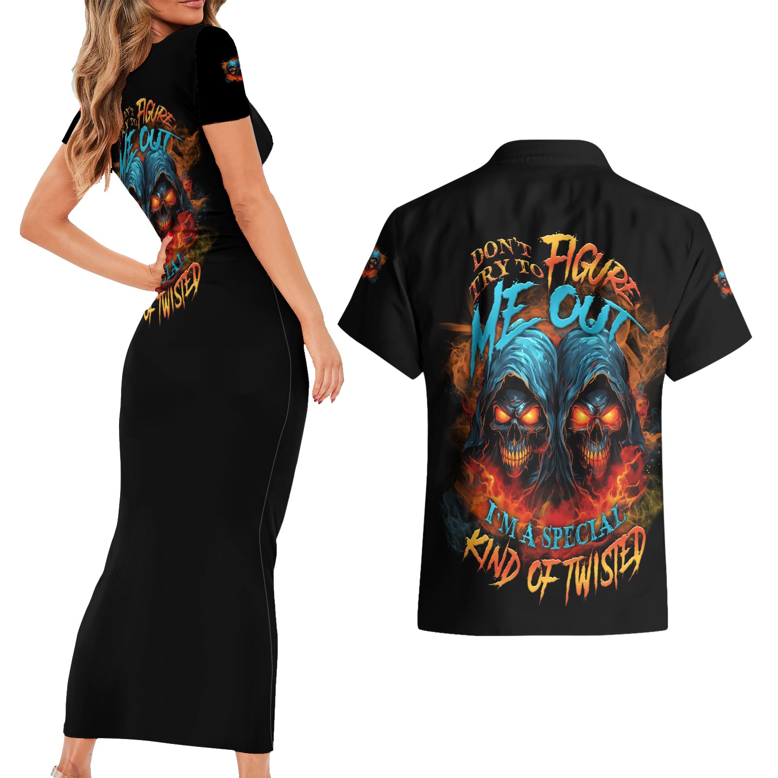 Don't Try To Figure Me Out Skull Reaper Couples Matching Short Sleeve Bodycon Dress and Hawaiian Shirt - Wonder Print Shop