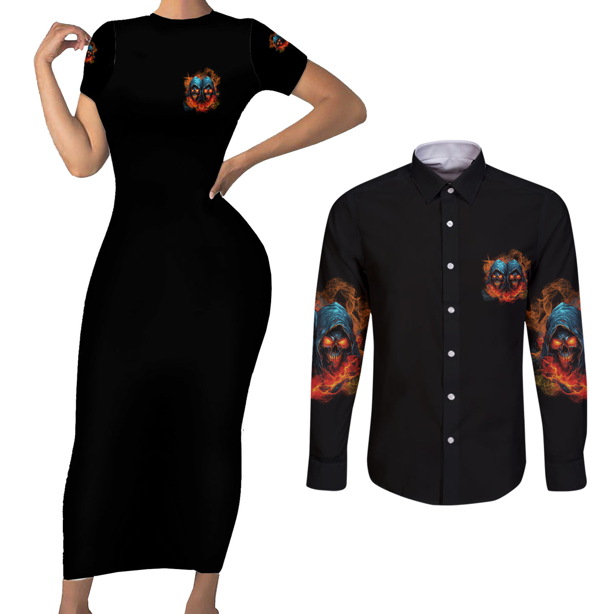 Don't Try To Figure Me Out Skull Reaper Couples Matching Short Sleeve Bodycon Dress and Long Sleeve Button Shirt - Wonder Print Shop
