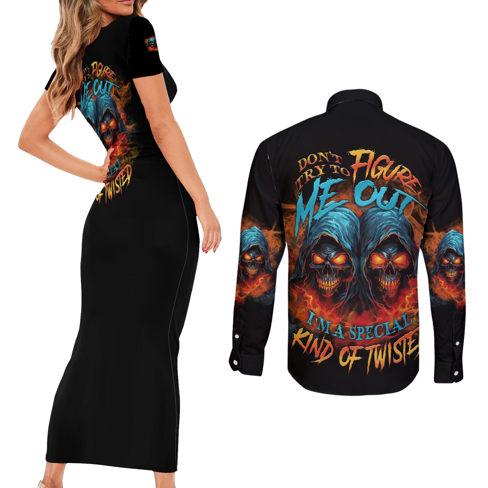 Don't Try To Figure Me Out Skull Reaper Couples Matching Short Sleeve Bodycon Dress and Long Sleeve Button Shirt - Wonder Print Shop