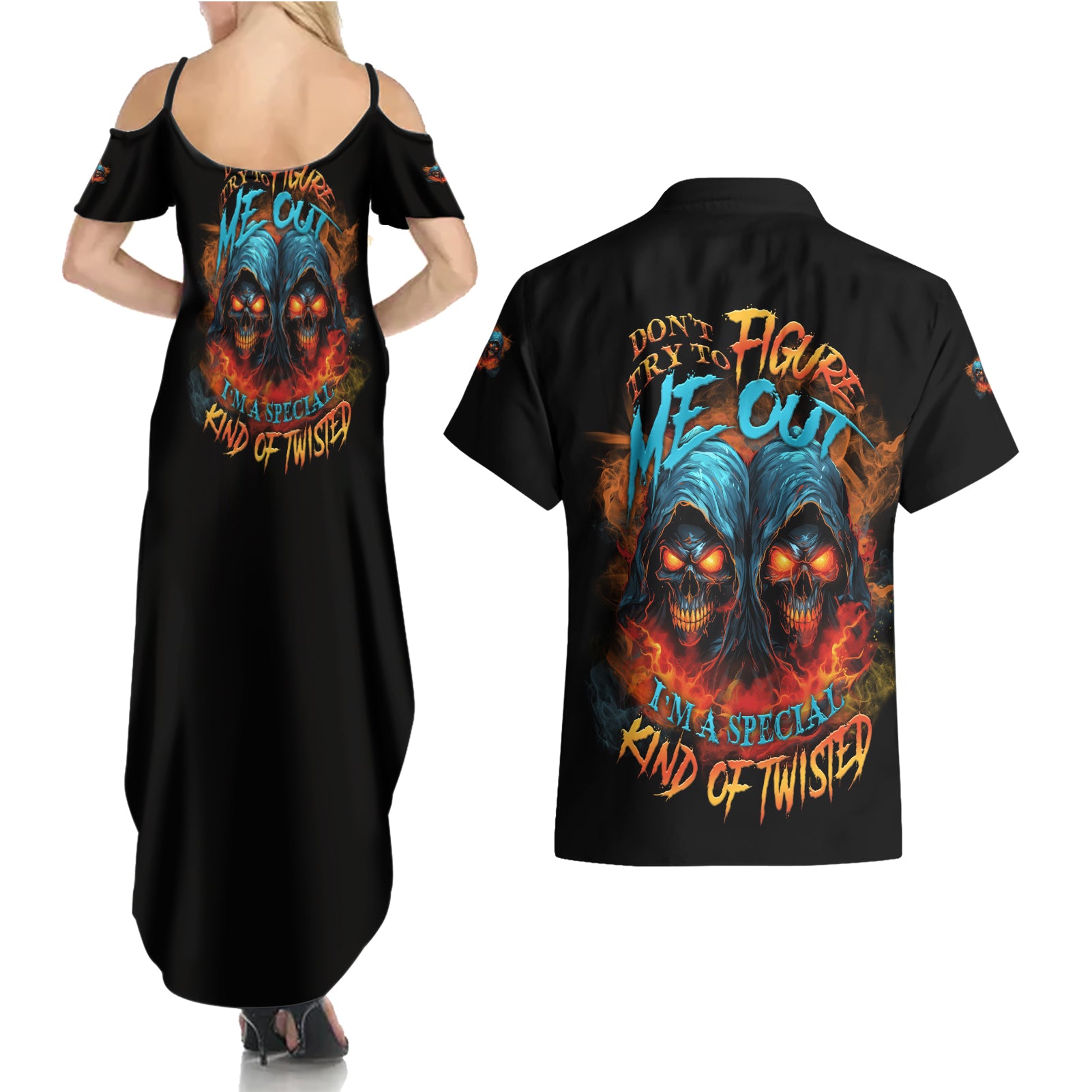 Don't Try To Figure Me Out Skull Reaper Couples Matching Summer Maxi Dress and Hawaiian Shirt - Wonder Print Shop