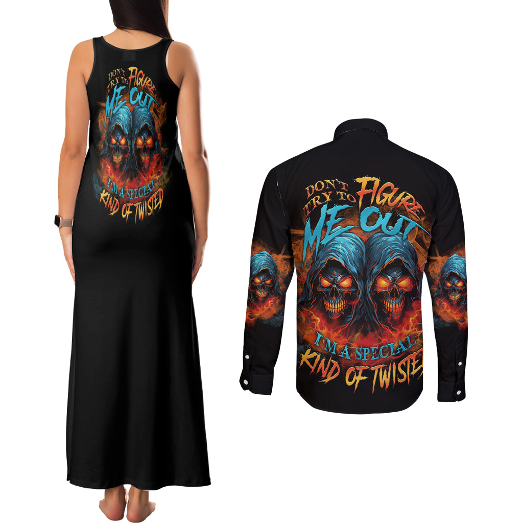 Don't Try To Figure Me Out Skull Reaper Couples Matching Tank Maxi Dress and Long Sleeve Button Shirt - Wonder Print Shop