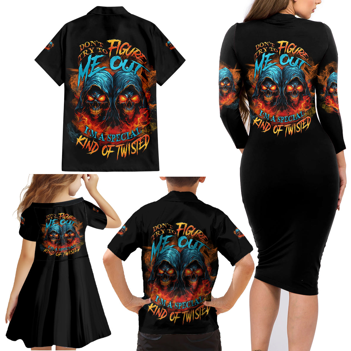 Don't Try To Figure Me Out Skull Reaper Family Matching Long Sleeve Bodycon Dress and Hawaiian Shirt - Wonder Print Shop