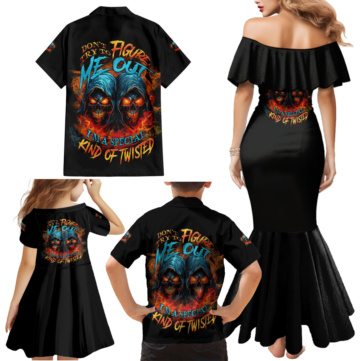 Don't Try To Figure Me Out Skull Reaper Family Matching Mermaid Dress and Hawaiian Shirt - Wonder Print Shop