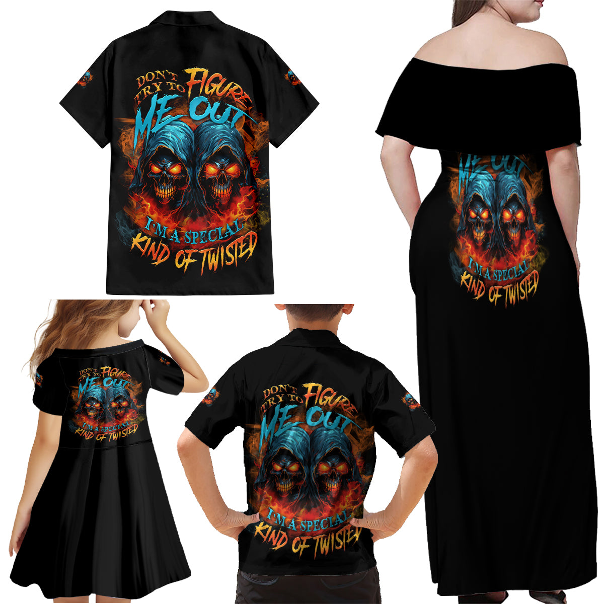 Don't Try To Figure Me Out Skull Reaper Family Matching Off Shoulder Maxi Dress and Hawaiian Shirt - Wonder Print Shop
