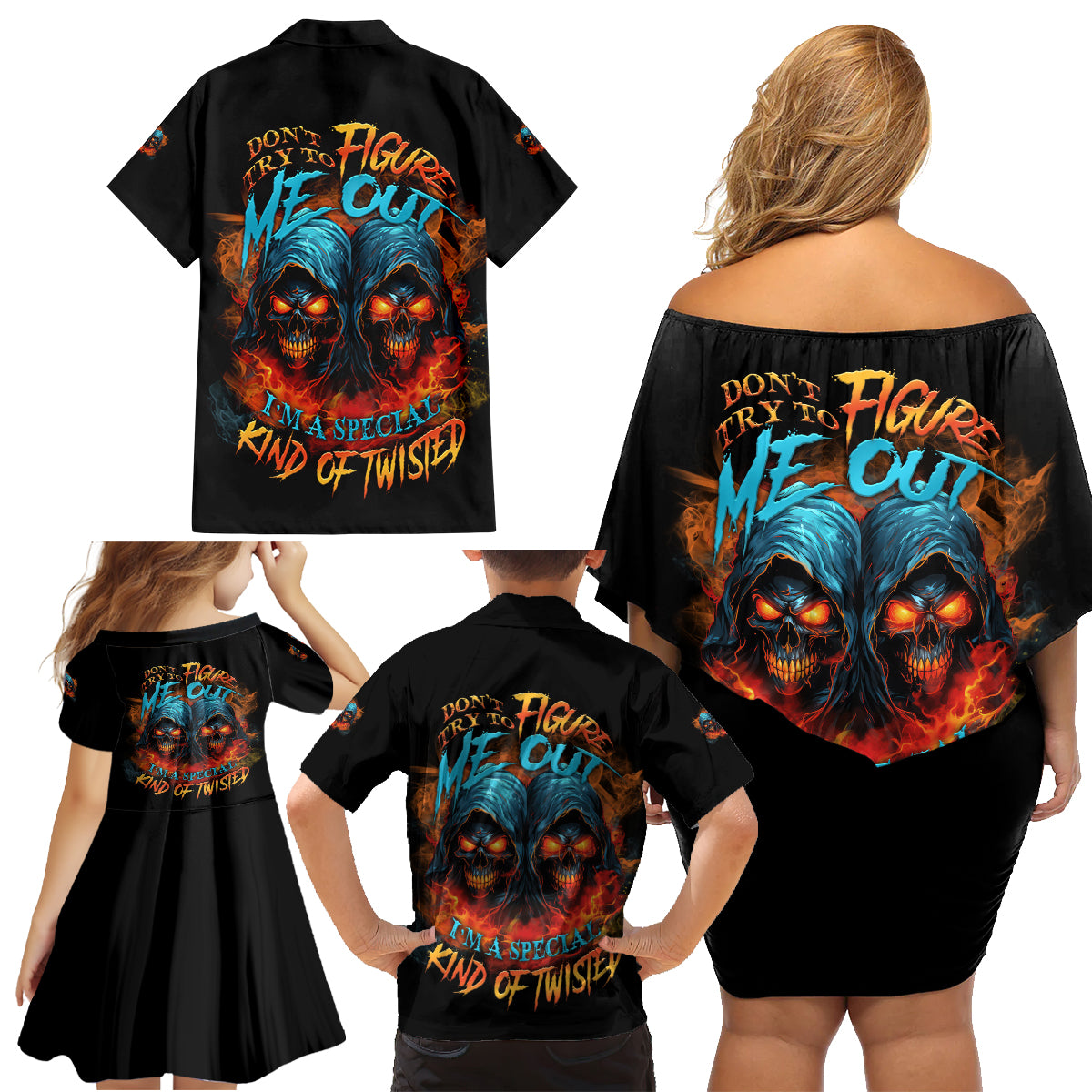 Don't Try To Figure Me Out Skull Reaper Family Matching Off Shoulder Short Dress and Hawaiian Shirt - Wonder Print Shop
