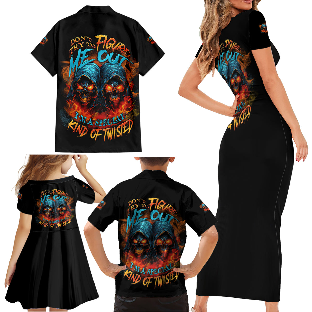 Don't Try To Figure Me Out Skull Reaper Family Matching Short Sleeve Bodycon Dress and Hawaiian Shirt - Wonder Print Shop