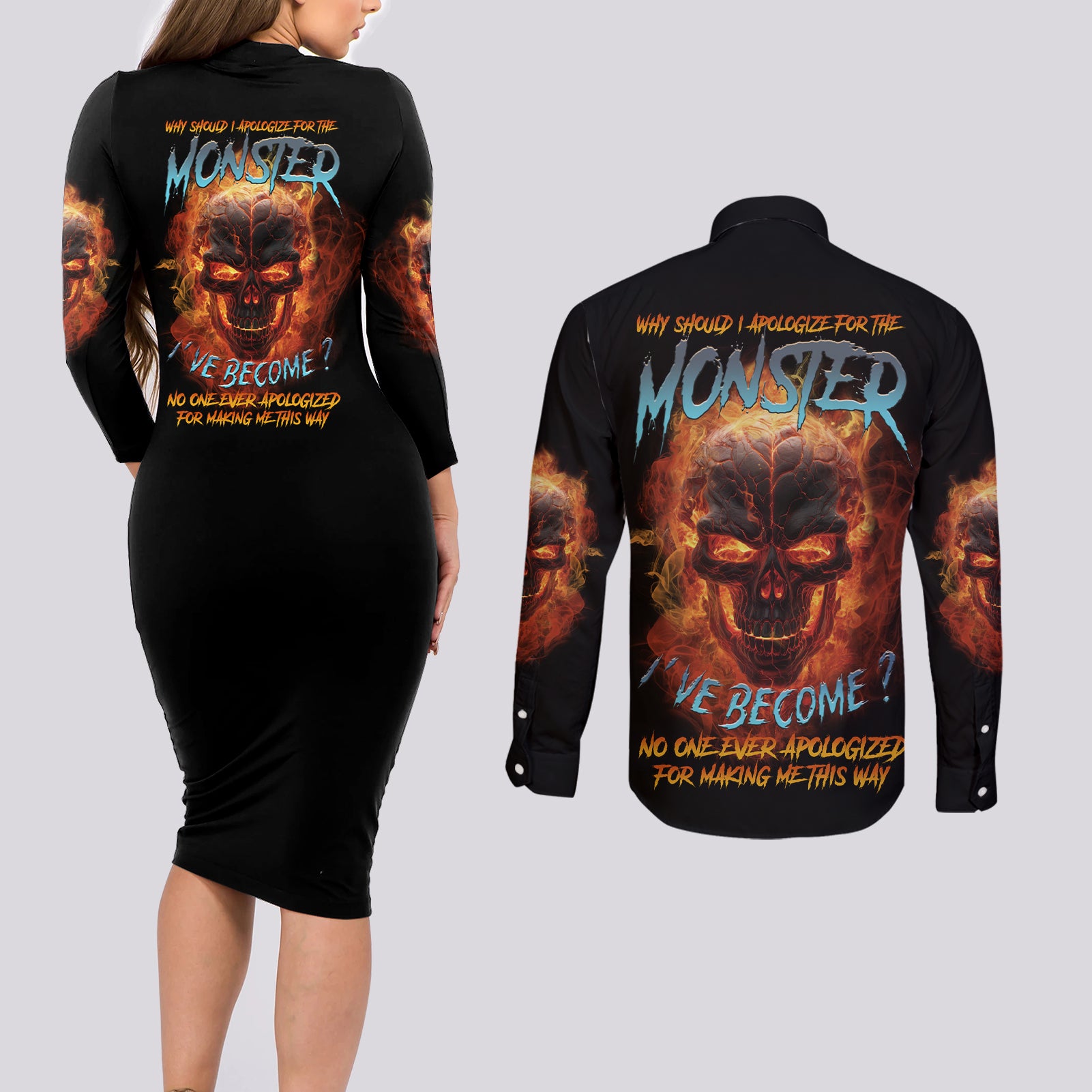 Why Should I Apologize For The Monster Couples Matching Long Sleeve Bodycon Dress and Long Sleeve Button Shirt - Wonder Print Shop