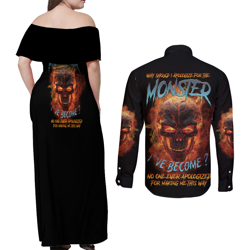 Why Should I Apologize For The Monster Couples Matching Off Shoulder Maxi Dress and Long Sleeve Button Shirt - Wonder Print Shop