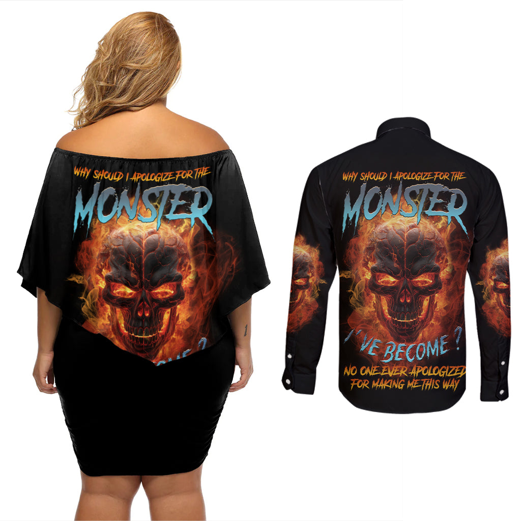 Why Should I Apologize For The Monster Couples Matching Off Shoulder Short Dress and Long Sleeve Button Shirt - Wonder Print Shop