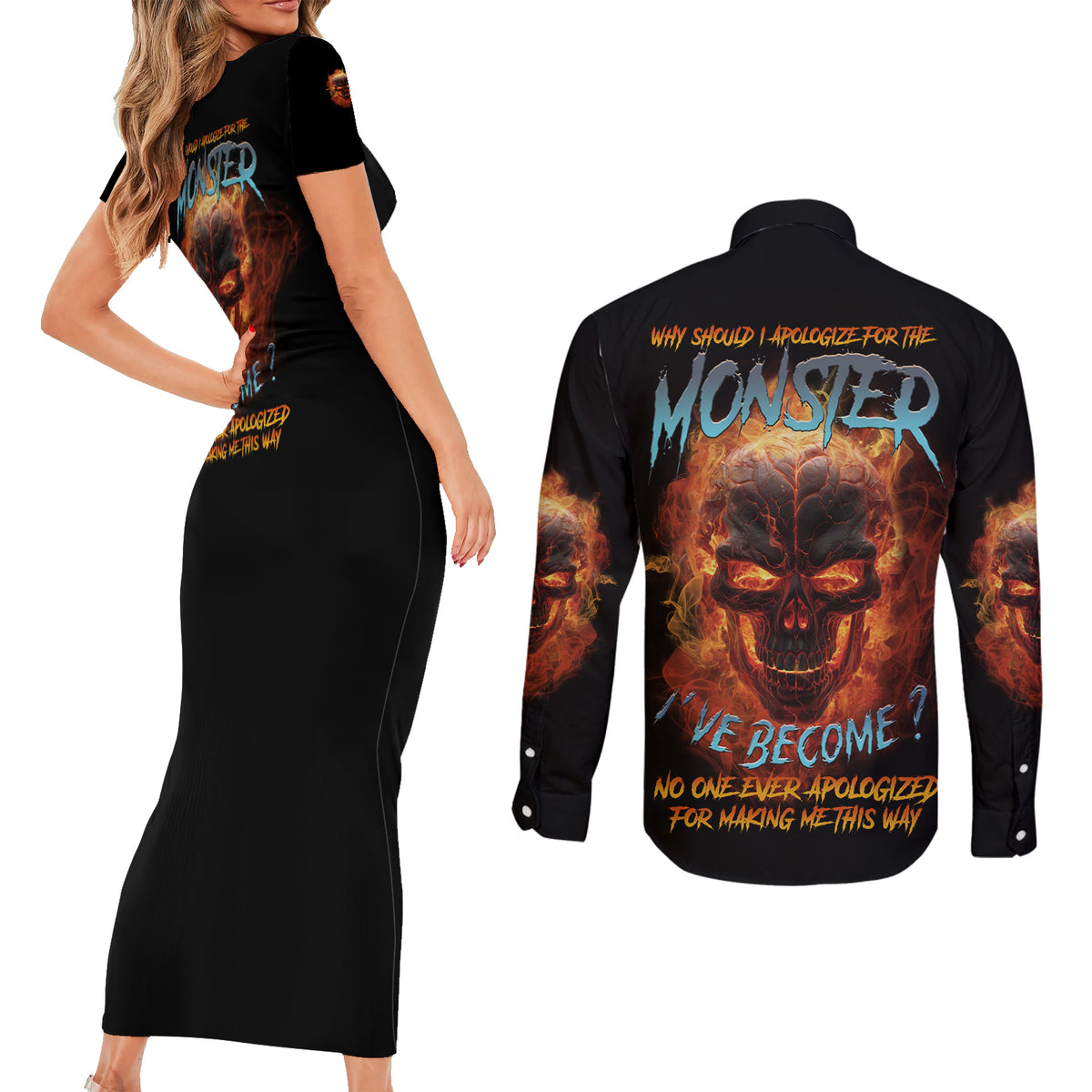 Why Should I Apologize For The Monster Couples Matching Short Sleeve Bodycon Dress and Long Sleeve Button Shirt - Wonder Print Shop