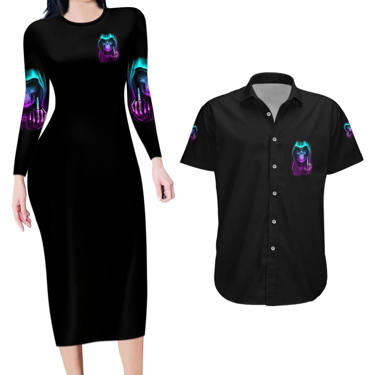 My Give A F Reaper Purple Couples Matching Long Sleeve Bodycon Dress and Hawaiian Shirt - Wonder Print Shop