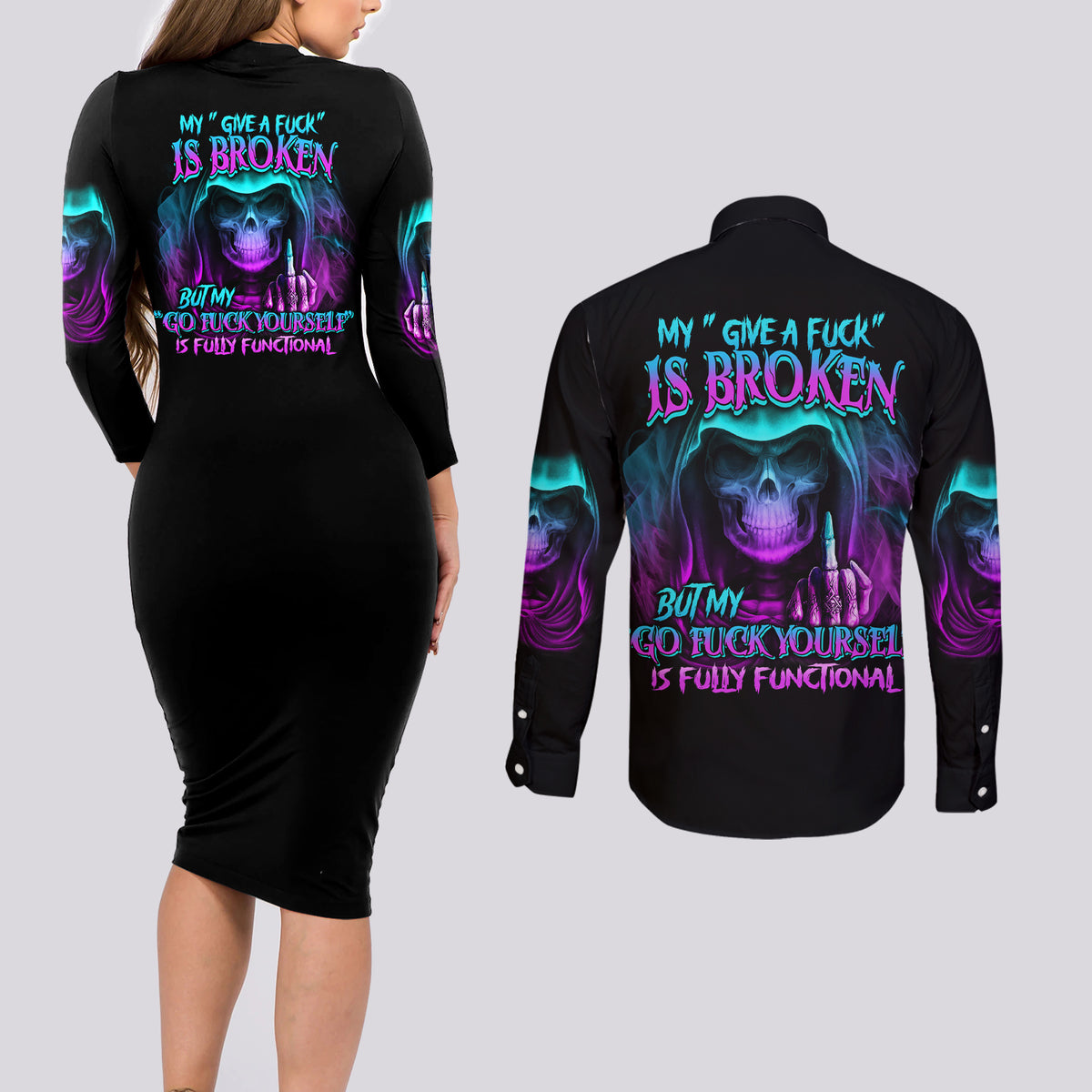 My Give A F Reaper Purple Couples Matching Long Sleeve Bodycon Dress and Long Sleeve Button Shirt - Wonder Print Shop
