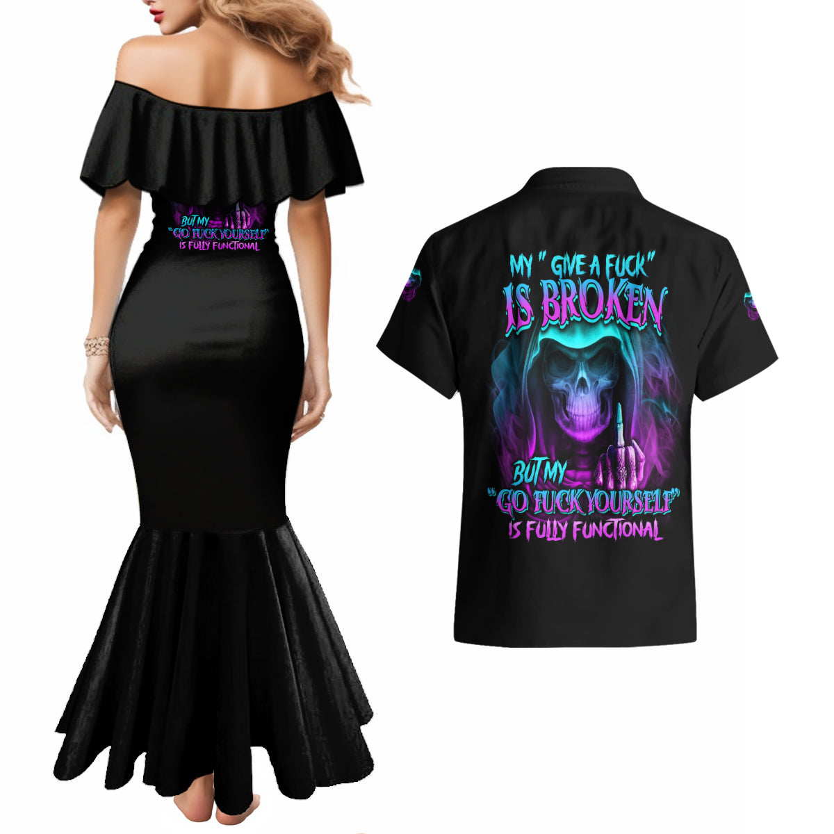 My Give A F Reaper Purple Couples Matching Mermaid Dress and Hawaiian Shirt - Wonder Print Shop