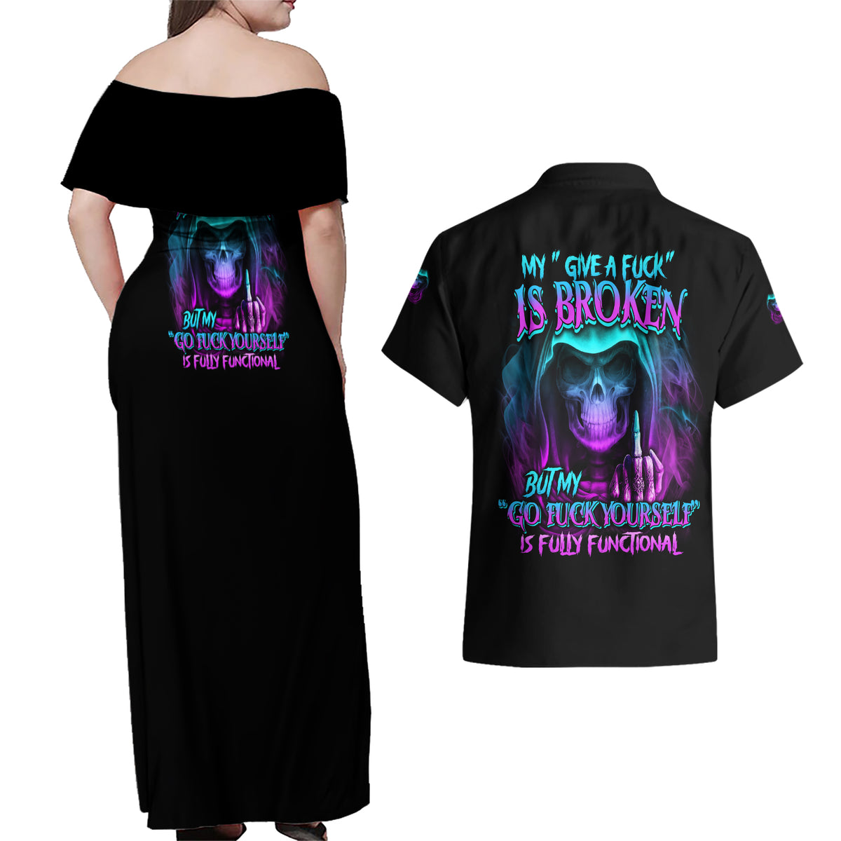 My Give A F Reaper Purple Couples Matching Off Shoulder Maxi Dress and Hawaiian Shirt - Wonder Print Shop
