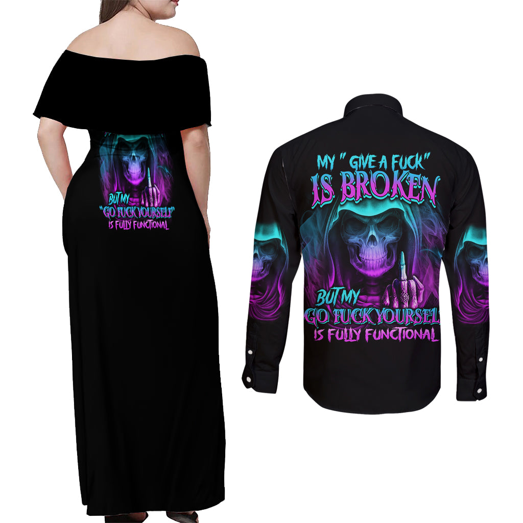 My Give A F Reaper Purple Couples Matching Off Shoulder Maxi Dress and Long Sleeve Button Shirt - Wonder Print Shop