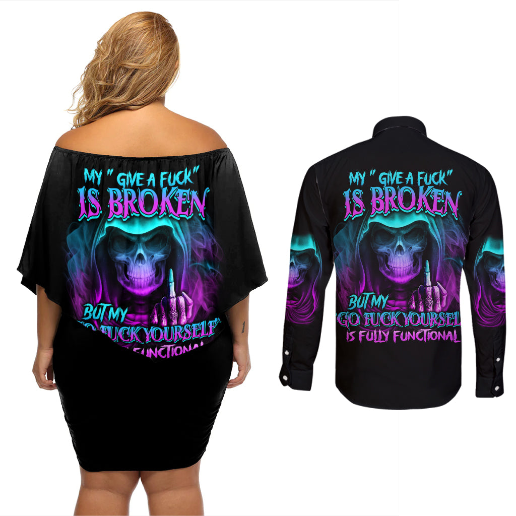 My Give A F Reaper Purple Couples Matching Off Shoulder Short Dress and Long Sleeve Button Shirt - Wonder Print Shop