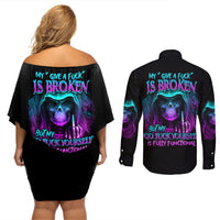 My Give A F Reaper Purple Couples Matching Off Shoulder Short Dress and Long Sleeve Button Shirt - Wonder Print Shop