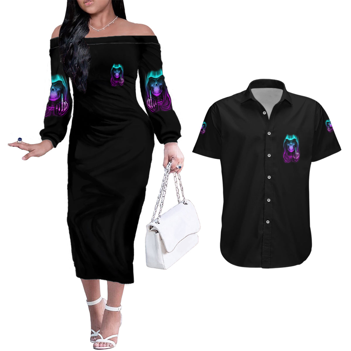 My Give A F Reaper Purple Couples Matching Off The Shoulder Long Sleeve Dress and Hawaiian Shirt - Wonder Print Shop