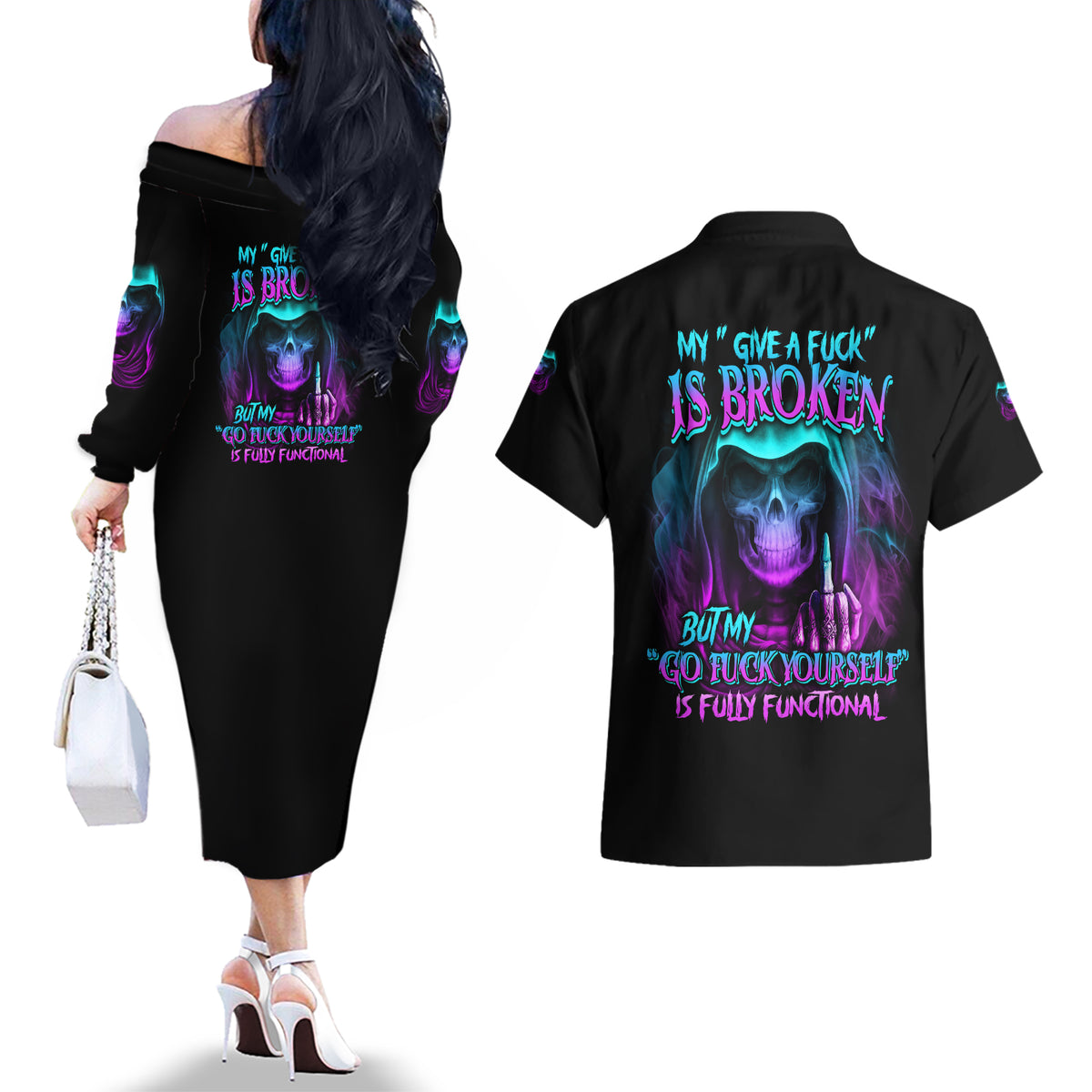 My Give A F Reaper Purple Couples Matching Off The Shoulder Long Sleeve Dress and Hawaiian Shirt - Wonder Print Shop