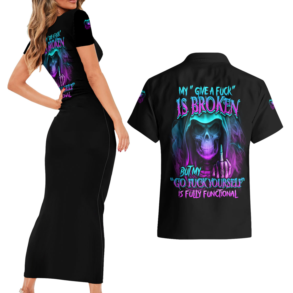 My Give A F Reaper Purple Couples Matching Short Sleeve Bodycon Dress and Hawaiian Shirt - Wonder Print Shop
