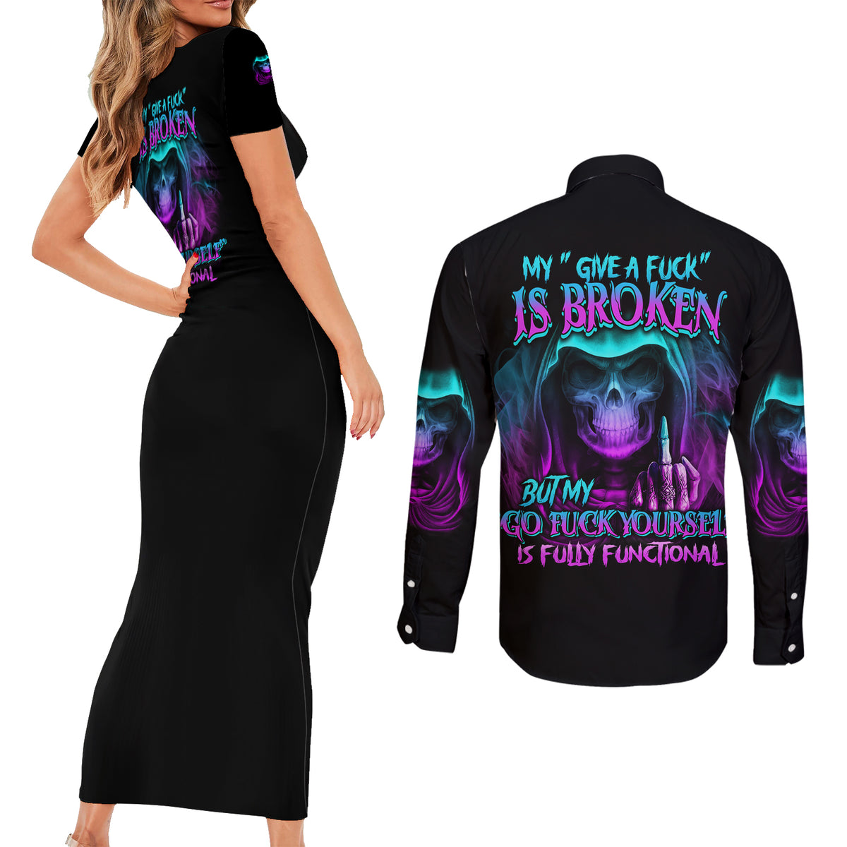 My Give A F Reaper Purple Couples Matching Short Sleeve Bodycon Dress and Long Sleeve Button Shirt - Wonder Print Shop