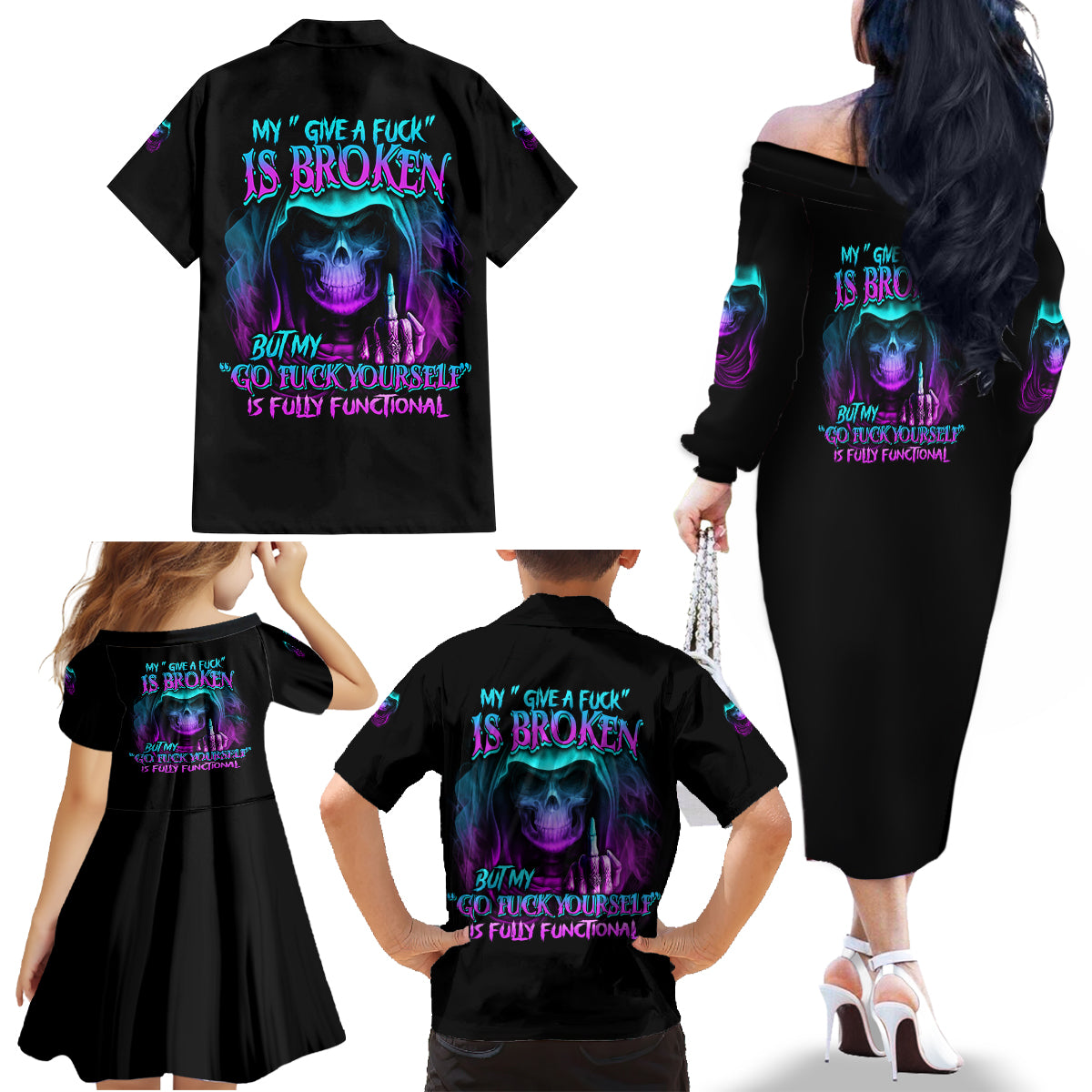 My Give A F Reaper Purple Family Matching Off Shoulder Long Sleeve Dress and Hawaiian Shirt - Wonder Print Shop