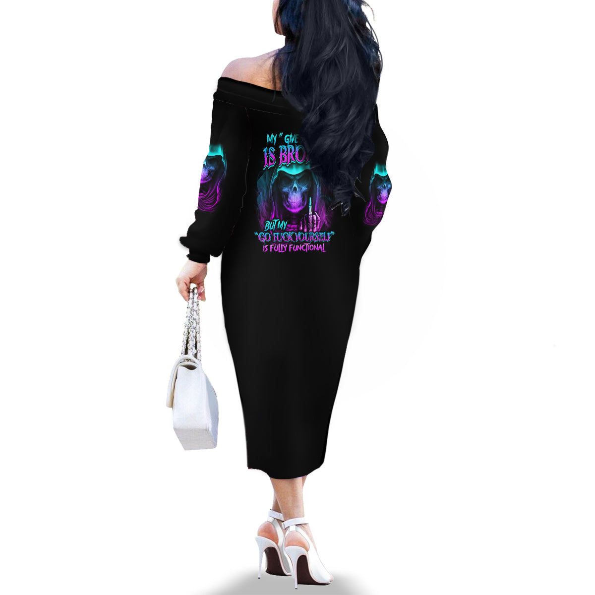 My Give A F Reaper Purple Family Matching Off Shoulder Long Sleeve Dress and Hawaiian Shirt - Wonder Print Shop