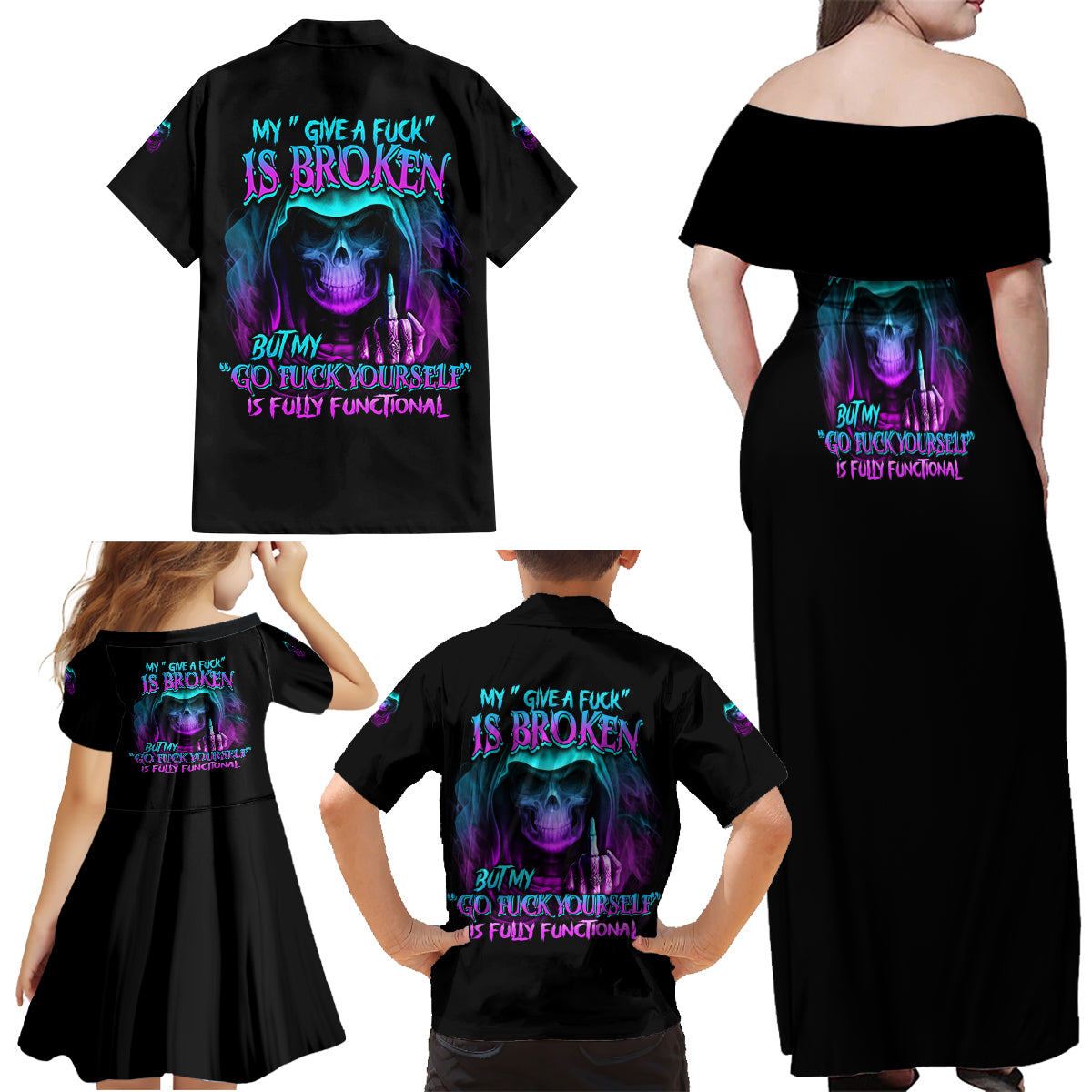 My Give A F Reaper Purple Family Matching Off Shoulder Maxi Dress and Hawaiian Shirt - Wonder Print Shop
