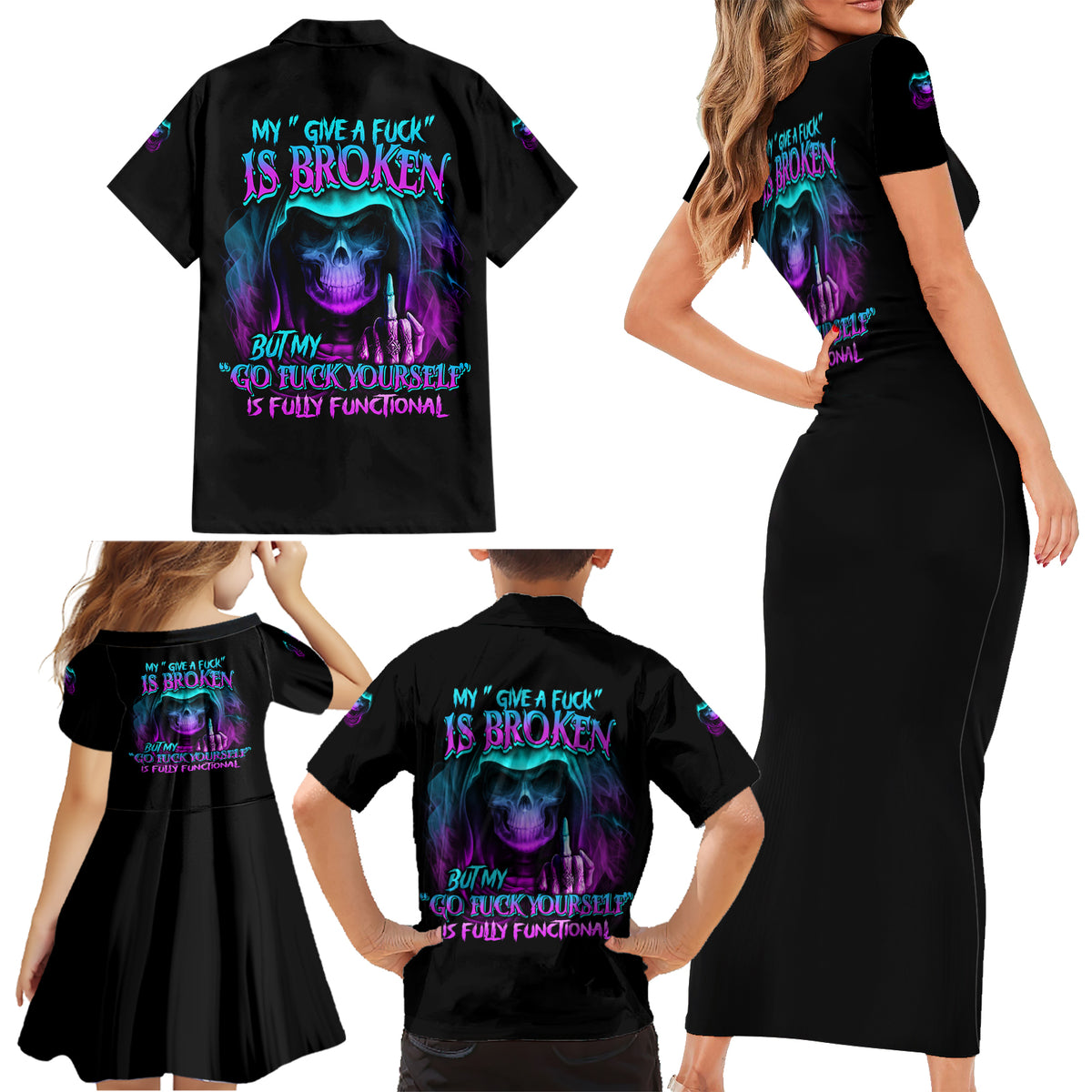 My Give A F Reaper Purple Family Matching Short Sleeve Bodycon Dress and Hawaiian Shirt - Wonder Print Shop
