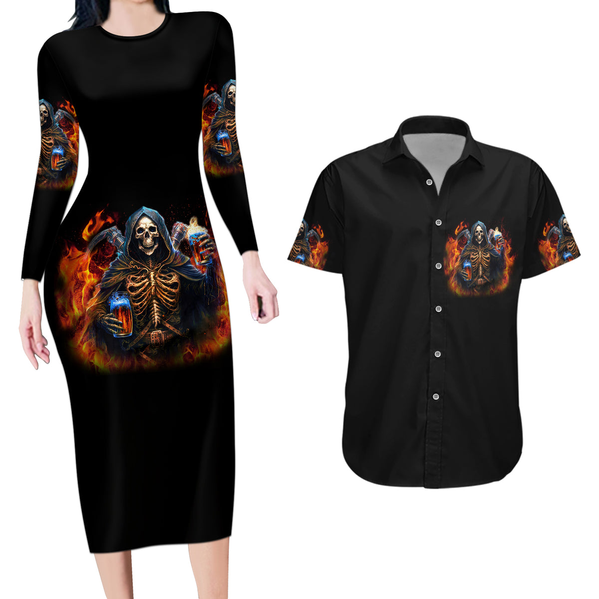 Drink With You Again Reaper Couples Matching Long Sleeve Bodycon Dress and Hawaiian Shirt - Wonder Print Shop